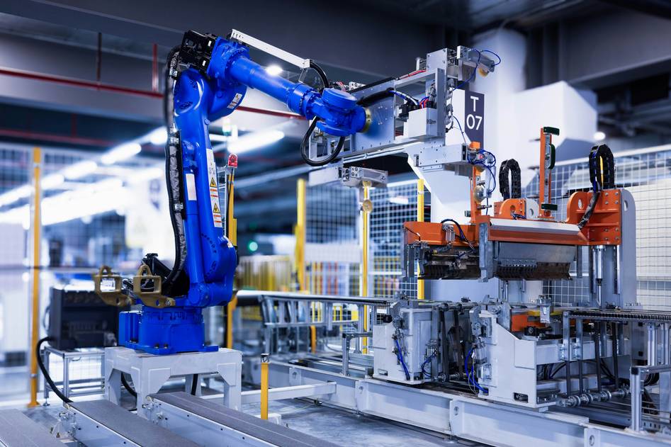 Robotics arm assembling circuit board with code overlay